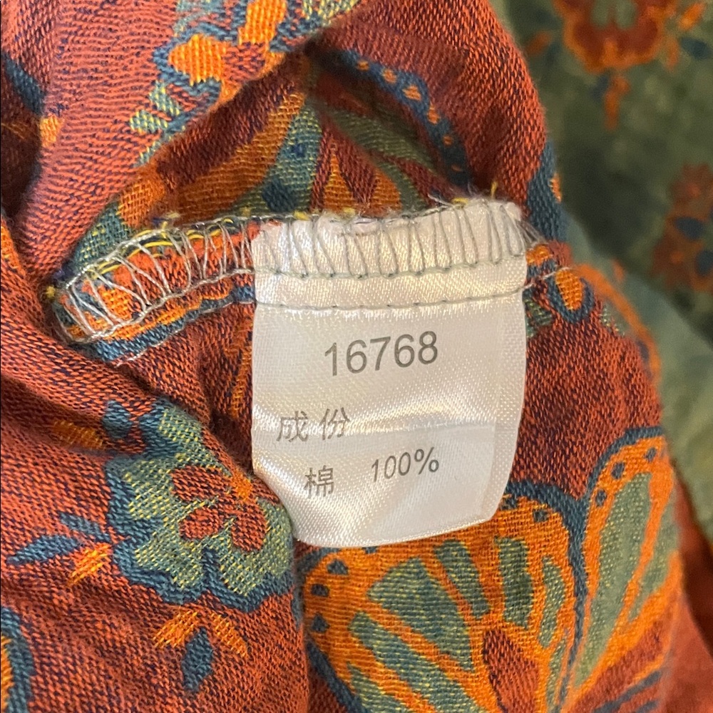 Boho Butterfly Print Cotton Blouse M Artisan Button Front Green Orange - Picture 7 of 10